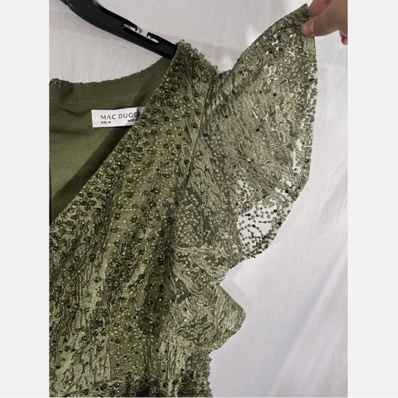 NWT $798 Mac Duggal [ 16‎ ] Embroidered Flutter Sleeve V-Neck Gown Olive Green - Picture 8 of 16